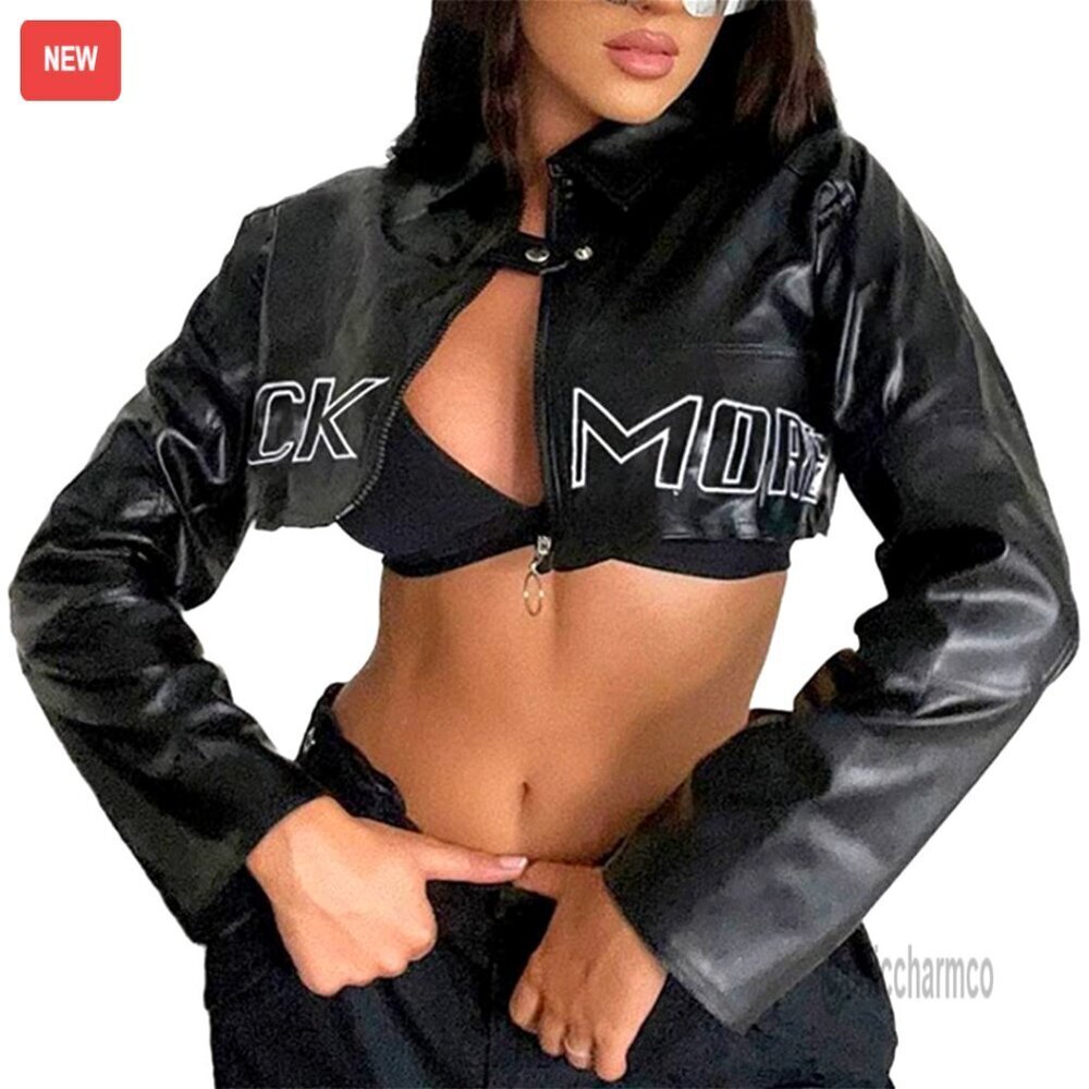 Pleather Crop Top Jacket Gothic Punk Rock Moto Biker Zipper Long Sleeve